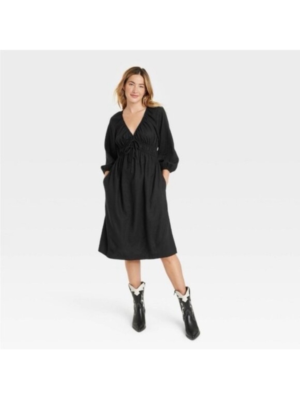 Universal Thread Linen Blend Balloon Sleeve Midi Dress Size Small